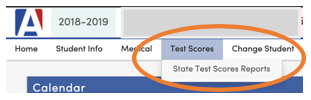 Screenshot showing an orange oval around the the Test Scores Tab of the Aeries Parent Portal 